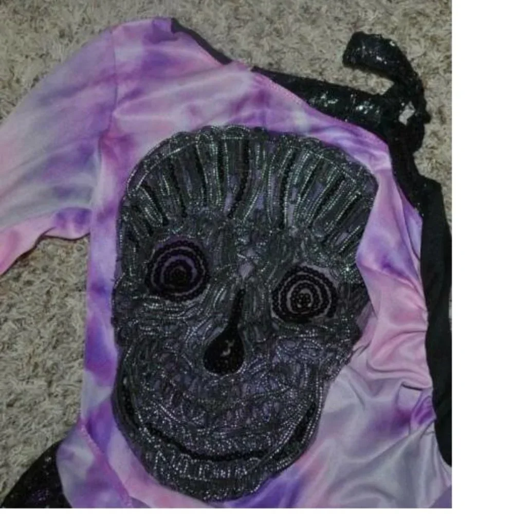 Purple Skull Fairy & Face Gems Halloween Costume 10/12 Dress, Wings 6 Pc Girls